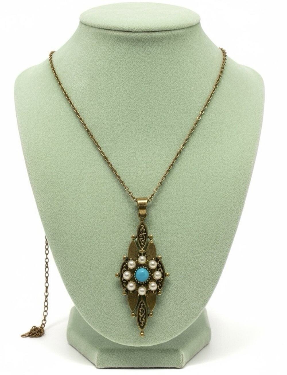 Art Deco Antique Necklace Museum Flower Victorian Turquoise Pearl Retro Gold VTG